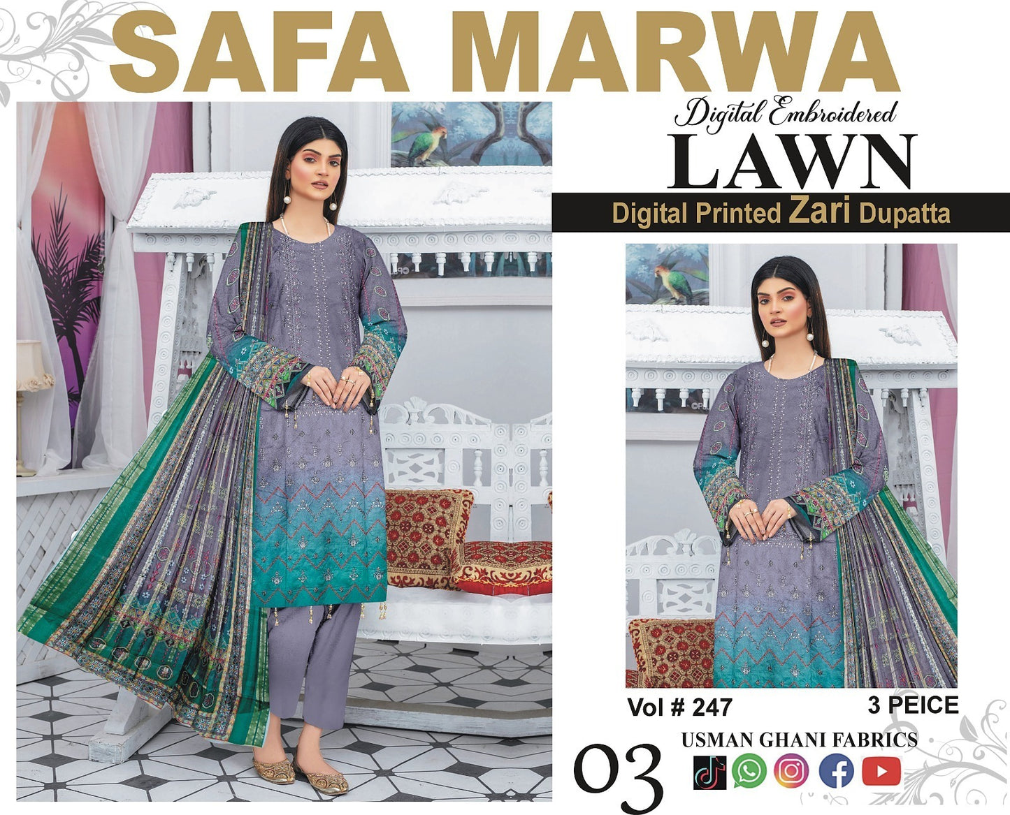 Safa Marwa Original Lawn 3-PC Embroidered Collection