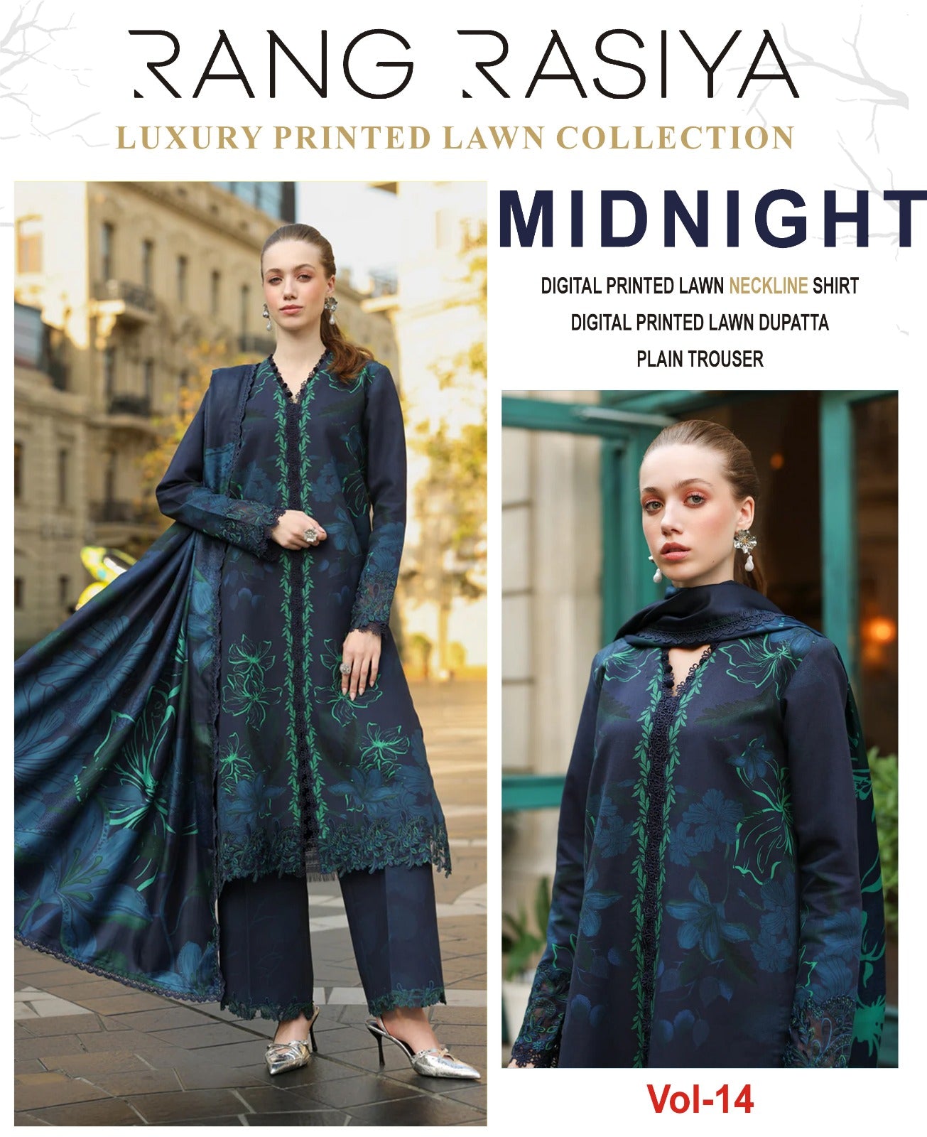 Midnight 3PC Printed Lawn With Lawn Dupatta
