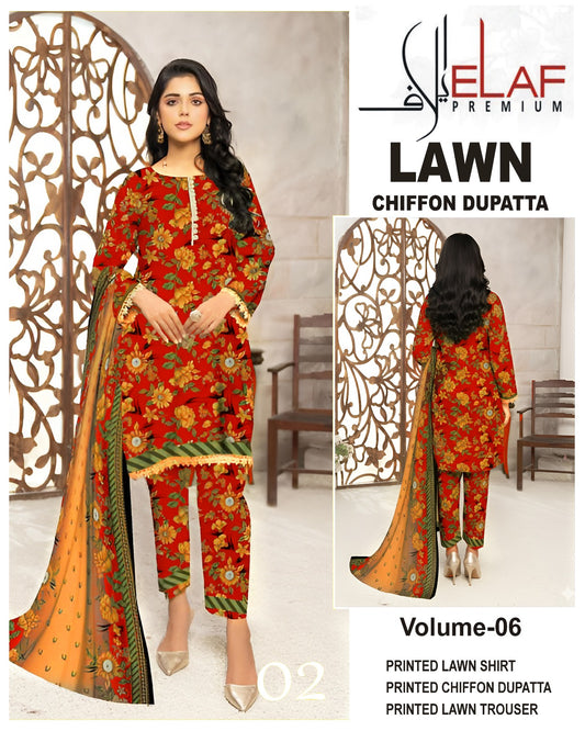 Elaf Lawn 3pc Suit with chiffon Dupatta