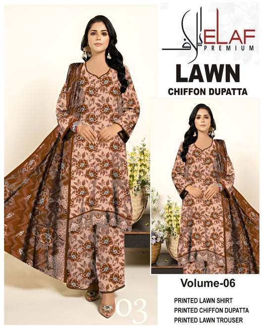 Elaf Lawn 3pc Suit with chiffon Dupatta