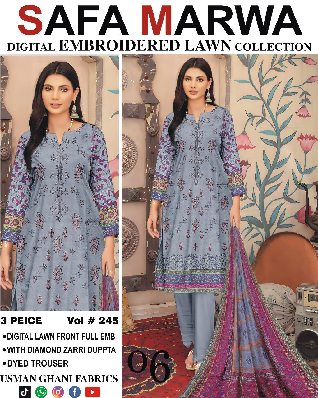 Safa Marwa Original Lawn 3-PC Embroidered Collection