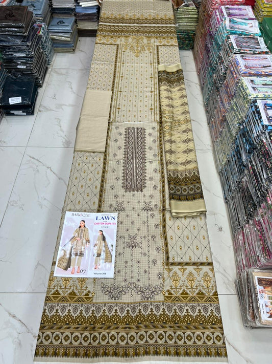 Luxury EMB Lawn 3PC with Chiffon Dupatta – Summer Edition
