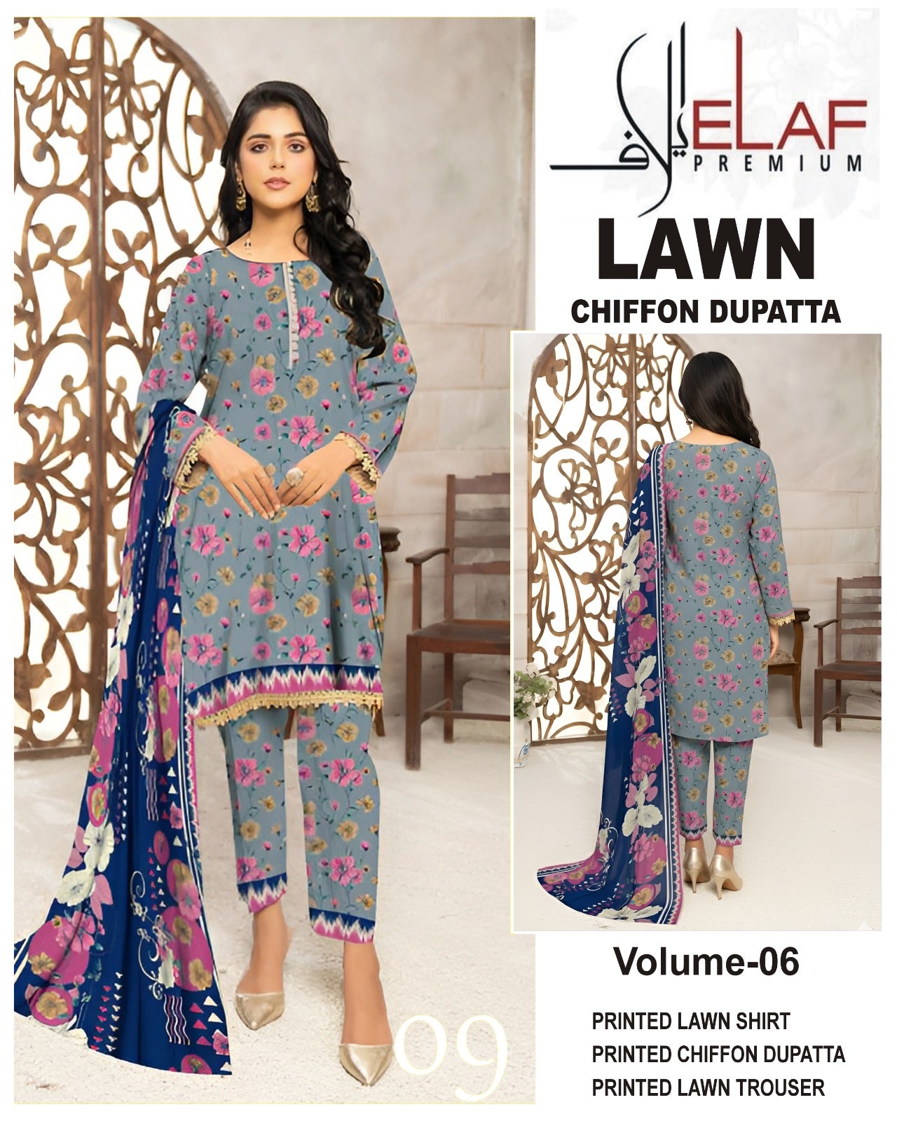 Elaf Lawn 3pc Suit with chiffon Dupatta