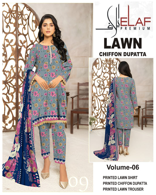 Elaf Lawn 3pc Suit with chiffon Dupatta