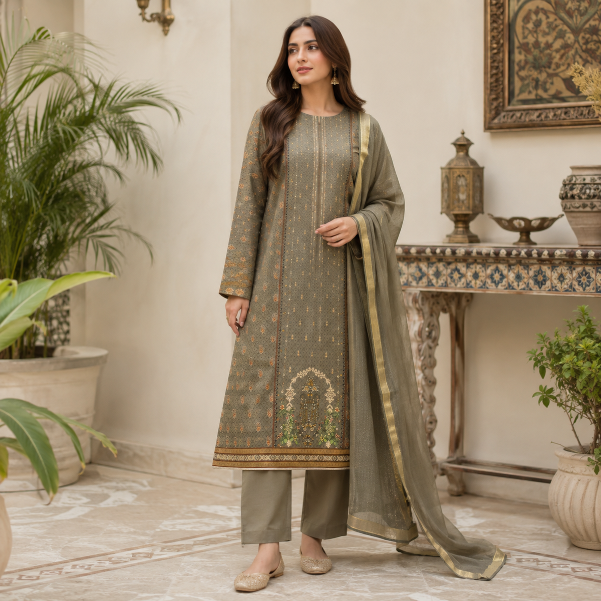Printed Lawn 3PC With Silk Dupatta