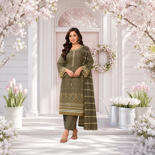 Printed Lawn 3PC With Silk Dupatta