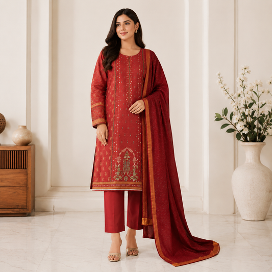 Printed Lawn 3PC With Silk Dupatta