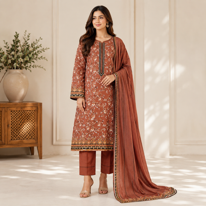 Printed Lawn 3PC With Silk Dupatta