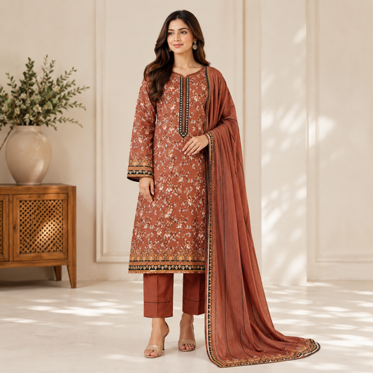 Printed Lawn 3PC With Silk Dupatta