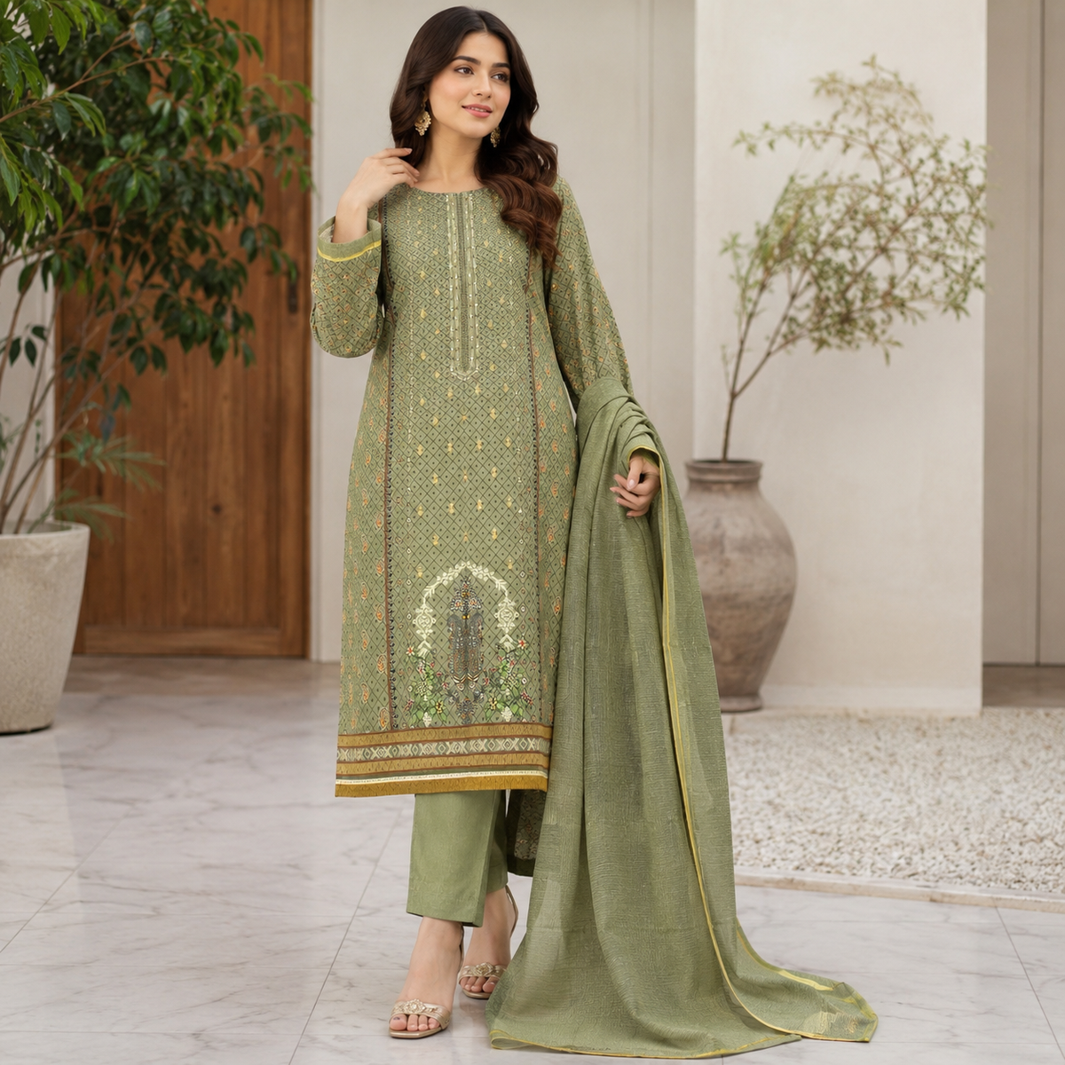 Printed Lawn 3PC With Silk Dupatta