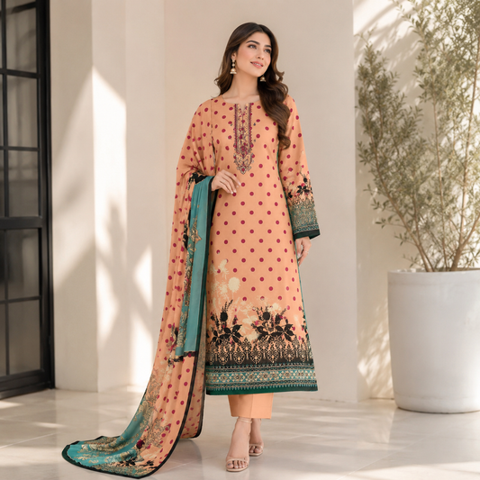 Luxury EMB Lawn 3PC with Chiffon Dupatta – Summer Edition