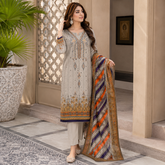 Luxury EMB Lawn 3PC with Chiffon Dupatta – Summer Edition