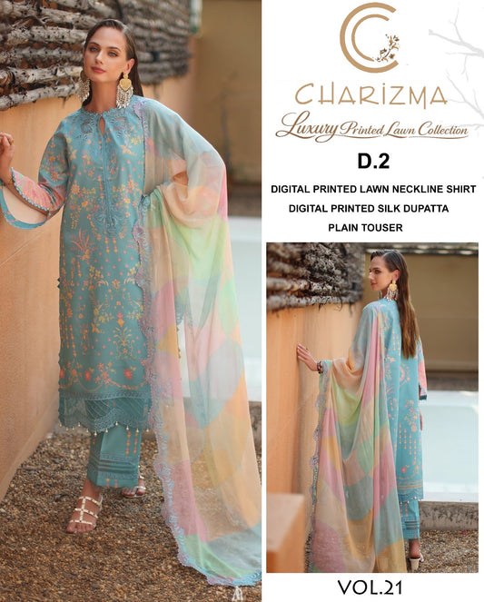 Charizma Printed Lawn 3PC With Silk Dupatta Article no 2