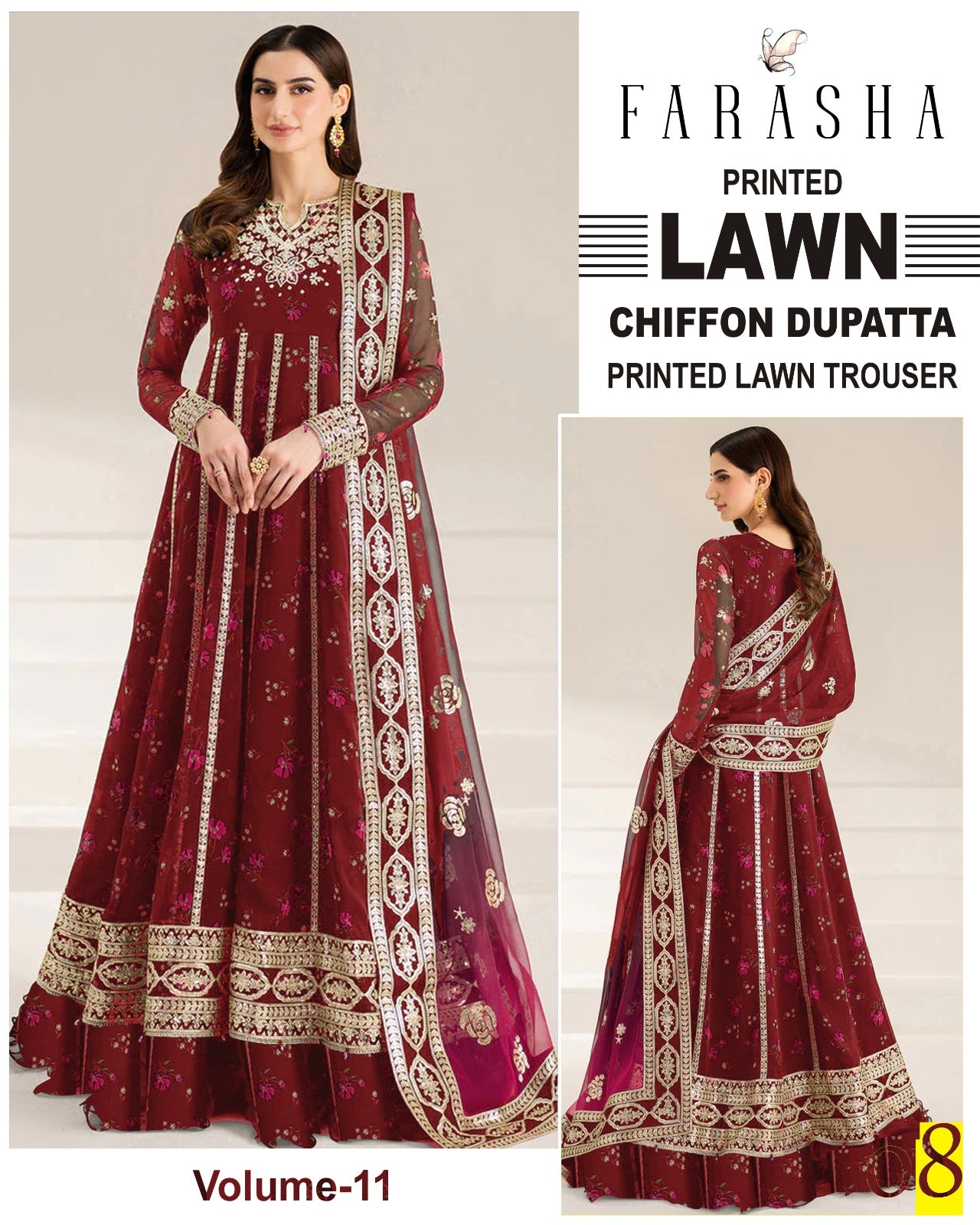 Farasha Lawn 3pc Suit with chiffon Dupatta