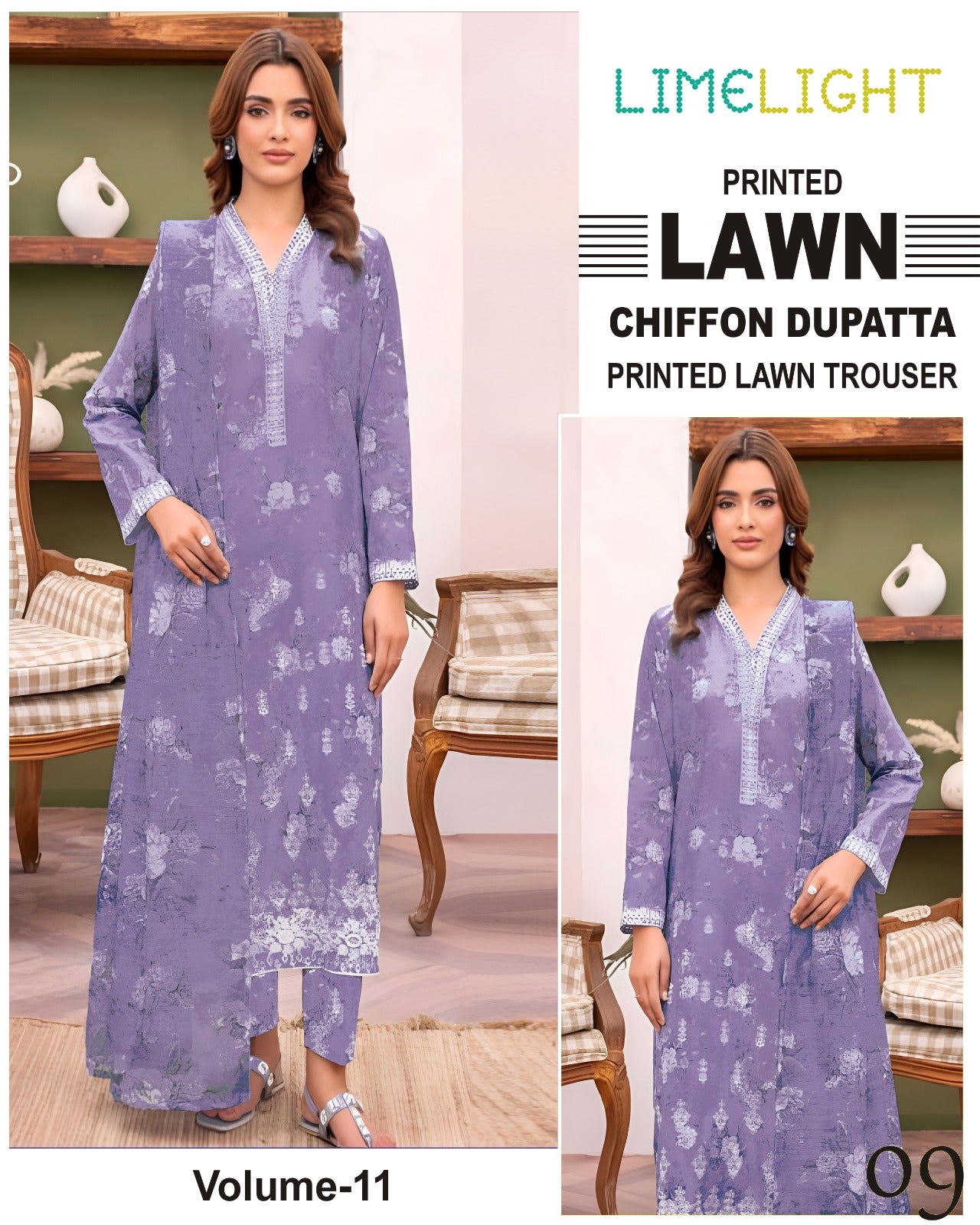 Limelight Lawn 3pc Suit with chiffon Dupatta
