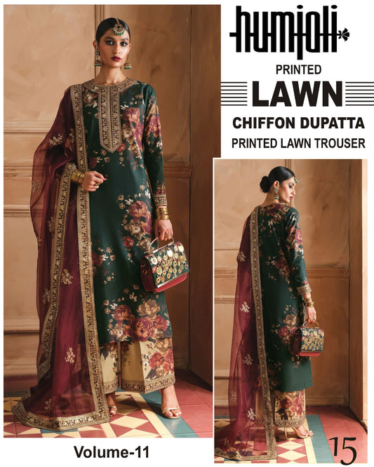 Branded Lawn 3pc Suit with chiffon Dupatta